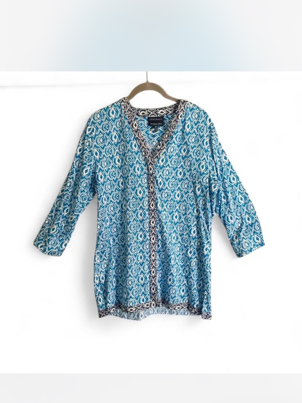 Geometric Bold Turquoise Ikat-Print Button Front Tunic by Foxcroft size 8
